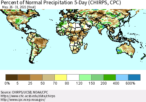 World Percent of Normal Precipitation 5-Day (CHIRPS) Thematic Map For 5/26/2021 - 5/31/2021