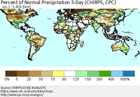 World Percent of Normal Precipitation 5-Day (CHIRPS) Thematic Map For 6/1/2021 - 6/5/2021