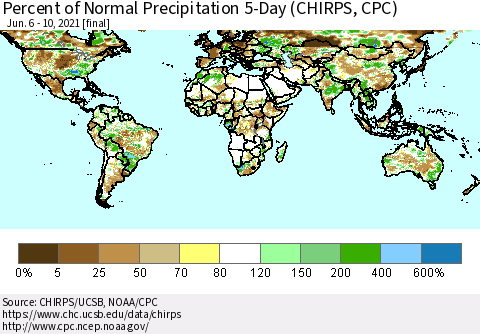 World Percent of Normal Precipitation 5-Day (CHIRPS) Thematic Map For 6/6/2021 - 6/10/2021