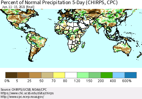 World Percent of Normal Precipitation 5-Day (CHIRPS) Thematic Map For 6/11/2021 - 6/15/2021