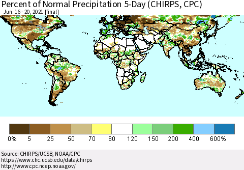 World Percent of Normal Precipitation 5-Day (CHIRPS) Thematic Map For 6/16/2021 - 6/20/2021
