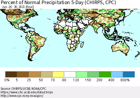 World Percent of Normal Precipitation 5-Day (CHIRPS) Thematic Map For 6/26/2021 - 6/30/2021