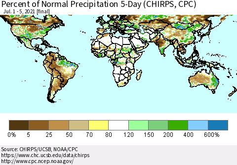 World Percent of Normal Precipitation 5-Day (CHIRPS) Thematic Map For 7/1/2021 - 7/5/2021
