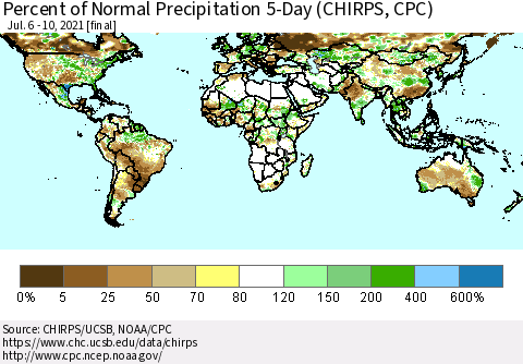 World Percent of Normal Precipitation 5-Day (CHIRPS) Thematic Map For 7/6/2021 - 7/10/2021