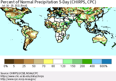 World Percent of Normal Precipitation 5-Day (CHIRPS) Thematic Map For 7/16/2021 - 7/20/2021