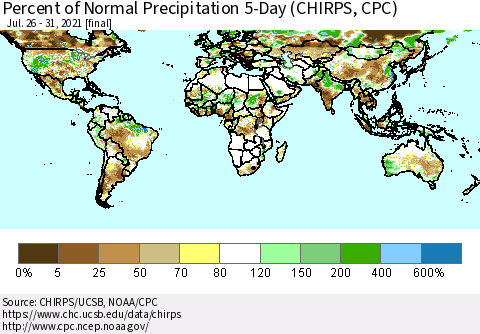World Percent of Normal Precipitation 5-Day (CHIRPS) Thematic Map For 7/26/2021 - 7/31/2021