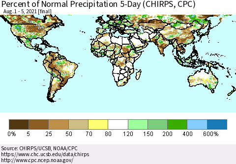 World Percent of Normal Precipitation 5-Day (CHIRPS) Thematic Map For 8/1/2021 - 8/5/2021
