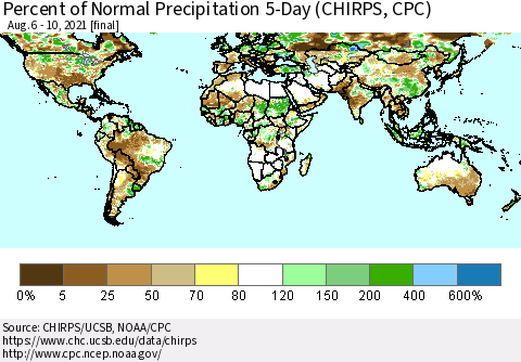 World Percent of Normal Precipitation 5-Day (CHIRPS) Thematic Map For 8/6/2021 - 8/10/2021