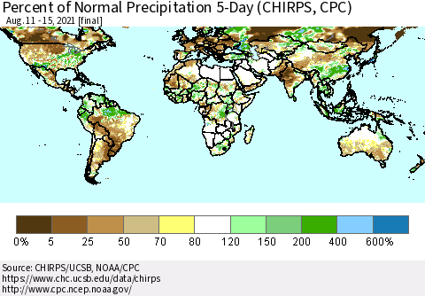 World Percent of Normal Precipitation 5-Day (CHIRPS) Thematic Map For 8/11/2021 - 8/15/2021