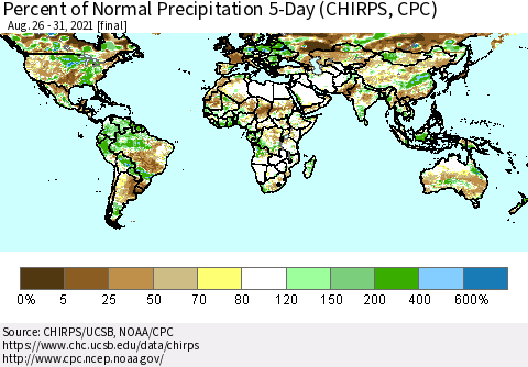 World Percent of Normal Precipitation 5-Day (CHIRPS) Thematic Map For 8/26/2021 - 8/31/2021