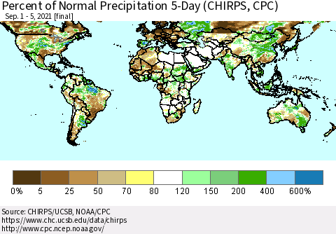 World Percent of Normal Precipitation 5-Day (CHIRPS) Thematic Map For 9/1/2021 - 9/5/2021
