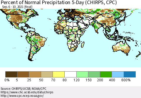 World Percent of Normal Precipitation 5-Day (CHIRPS) Thematic Map For 9/6/2021 - 9/10/2021