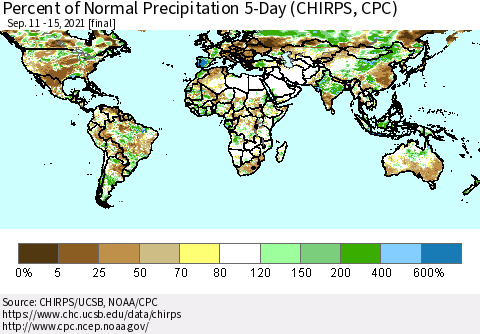World Percent of Normal Precipitation 5-Day (CHIRPS) Thematic Map For 9/11/2021 - 9/15/2021