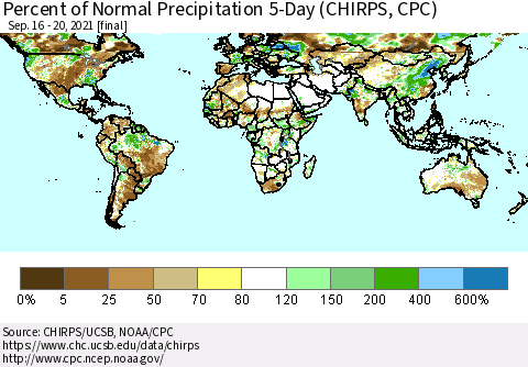 World Percent of Normal Precipitation 5-Day (CHIRPS) Thematic Map For 9/16/2021 - 9/20/2021