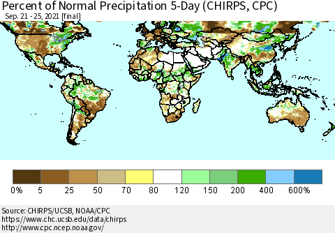 World Percent of Normal Precipitation 5-Day (CHIRPS) Thematic Map For 9/21/2021 - 9/25/2021