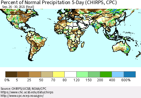 World Percent of Normal Precipitation 5-Day (CHIRPS) Thematic Map For 9/26/2021 - 9/30/2021