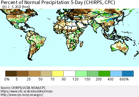 World Percent of Normal Precipitation 5-Day (CHIRPS) Thematic Map For 10/1/2021 - 10/5/2021