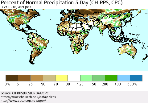 World Percent of Normal Precipitation 5-Day (CHIRPS) Thematic Map For 10/6/2021 - 10/10/2021