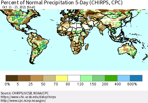 World Percent of Normal Precipitation 5-Day (CHIRPS) Thematic Map For 10/11/2021 - 10/15/2021