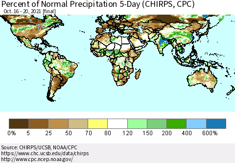 World Percent of Normal Precipitation 5-Day (CHIRPS) Thematic Map For 10/16/2021 - 10/20/2021