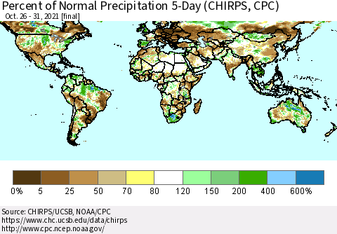 World Percent of Normal Precipitation 5-Day (CHIRPS) Thematic Map For 10/26/2021 - 10/31/2021