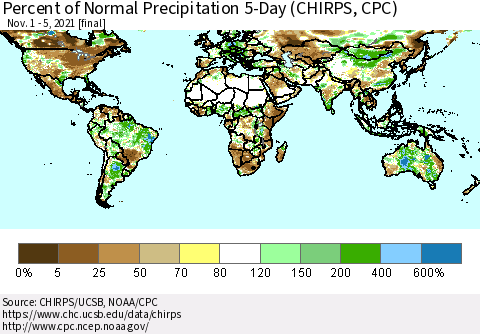World Percent of Normal Precipitation 5-Day (CHIRPS) Thematic Map For 11/1/2021 - 11/5/2021