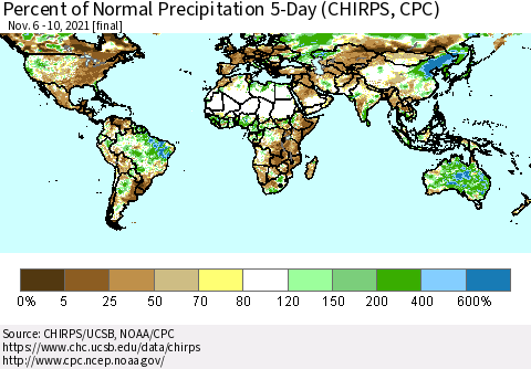 World Percent of Normal Precipitation 5-Day (CHIRPS) Thematic Map For 11/6/2021 - 11/10/2021