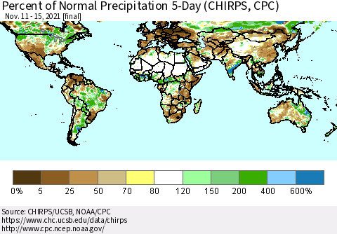 World Percent of Normal Precipitation 5-Day (CHIRPS) Thematic Map For 11/11/2021 - 11/15/2021