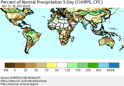 World Percent of Normal Precipitation 5-Day (CHIRPS) Thematic Map For 11/16/2021 - 11/20/2021
