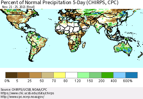 World Percent of Normal Precipitation 5-Day (CHIRPS) Thematic Map For 11/21/2021 - 11/25/2021