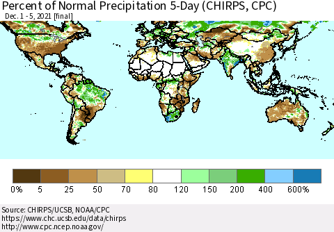 World Percent of Normal Precipitation 5-Day (CHIRPS) Thematic Map For 12/1/2021 - 12/5/2021