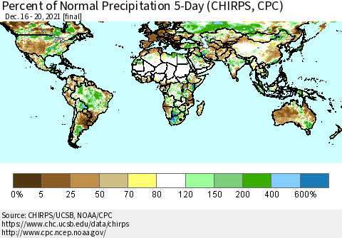 World Percent of Normal Precipitation 5-Day (CHIRPS) Thematic Map For 12/16/2021 - 12/20/2021