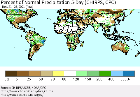 World Percent of Normal Precipitation 5-Day (CHIRPS) Thematic Map For 12/21/2021 - 12/25/2021
