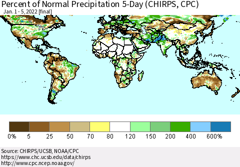 World Percent of Normal Precipitation 5-Day (CHIRPS) Thematic Map For 1/1/2022 - 1/5/2022