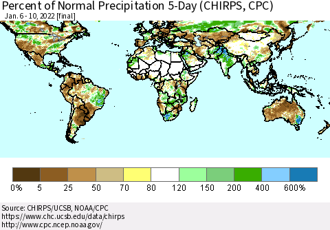 World Percent of Normal Precipitation 5-Day (CHIRPS) Thematic Map For 1/6/2022 - 1/10/2022