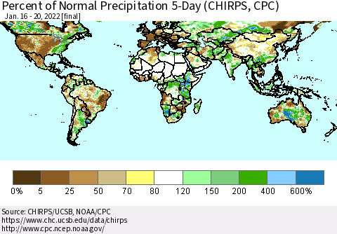World Percent of Normal Precipitation 5-Day (CHIRPS) Thematic Map For 1/16/2022 - 1/20/2022