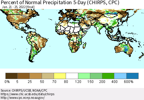 World Percent of Normal Precipitation 5-Day (CHIRPS) Thematic Map For 1/21/2022 - 1/25/2022