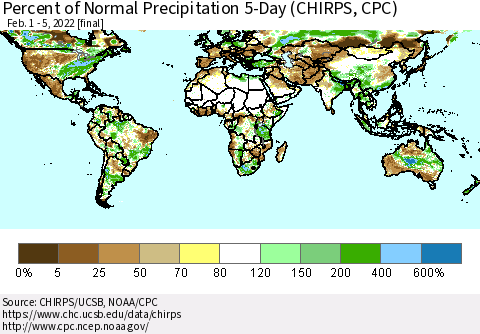 World Percent of Normal Precipitation 5-Day (CHIRPS) Thematic Map For 2/1/2022 - 2/5/2022