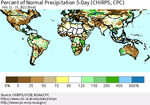 World Percent of Normal Precipitation 5-Day (CHIRPS) Thematic Map For 2/11/2022 - 2/15/2022
