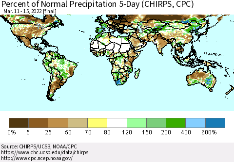 World Percent of Normal Precipitation 5-Day (CHIRPS) Thematic Map For 3/11/2022 - 3/15/2022