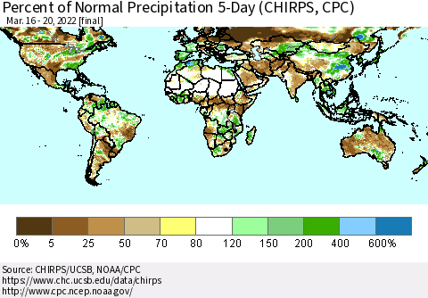 World Percent of Normal Precipitation 5-Day (CHIRPS) Thematic Map For 3/16/2022 - 3/20/2022