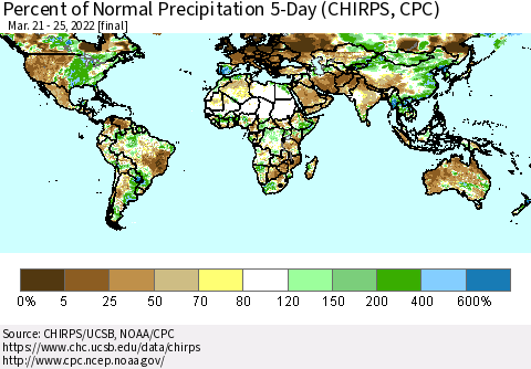 World Percent of Normal Precipitation 5-Day (CHIRPS) Thematic Map For 3/21/2022 - 3/25/2022