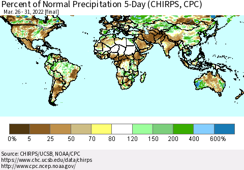 World Percent of Normal Precipitation 5-Day (CHIRPS) Thematic Map For 3/26/2022 - 3/31/2022