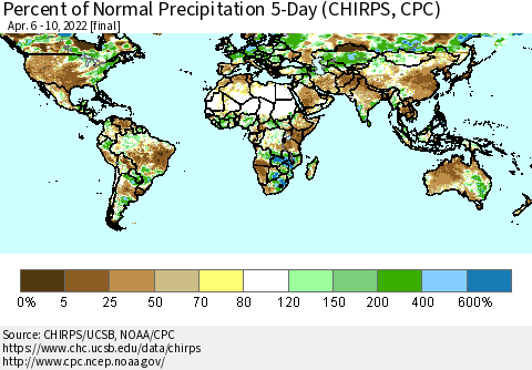 World Percent of Normal Precipitation 5-Day (CHIRPS) Thematic Map For 4/6/2022 - 4/10/2022