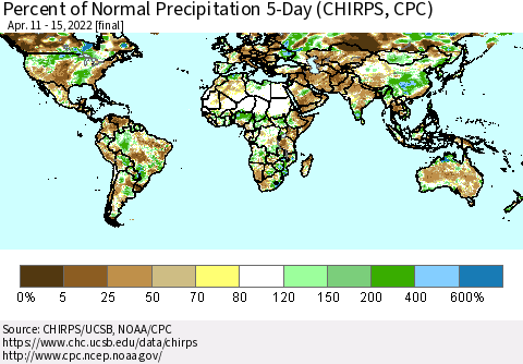 World Percent of Normal Precipitation 5-Day (CHIRPS) Thematic Map For 4/11/2022 - 4/15/2022
