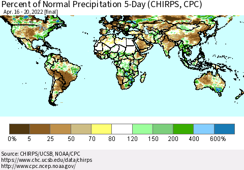 World Percent of Normal Precipitation 5-Day (CHIRPS) Thematic Map For 4/16/2022 - 4/20/2022