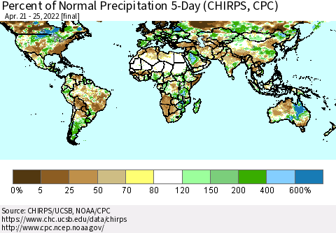 World Percent of Normal Precipitation 5-Day (CHIRPS) Thematic Map For 4/21/2022 - 4/25/2022