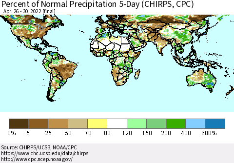 World Percent of Normal Precipitation 5-Day (CHIRPS) Thematic Map For 4/26/2022 - 4/30/2022