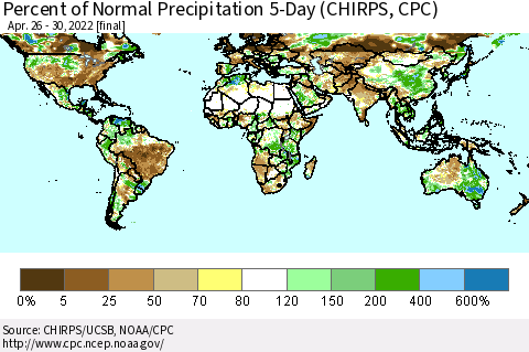 World Percent of Normal Precipitation 5-Day (CHIRPS) Thematic Map For 4/26/2022 - 4/30/2022