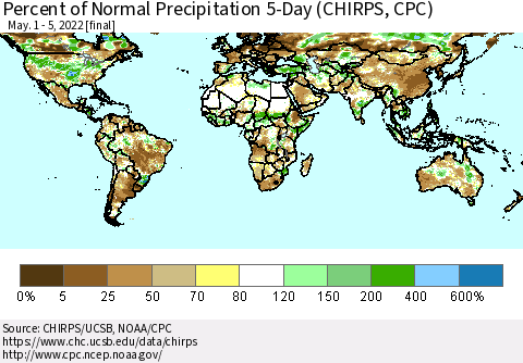 World Percent of Normal Precipitation 5-Day (CHIRPS) Thematic Map For 5/1/2022 - 5/5/2022